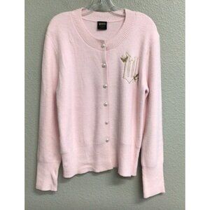 Wicked Wizard of Oz Cardigan Women's Size Large Pink Pearls Buttons Sweater